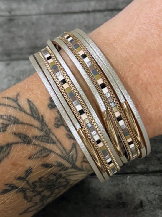 Fenno Jewelry - 7.5" in length (7" fastened), the Neutral Metallic Leather Wrap Bracelet